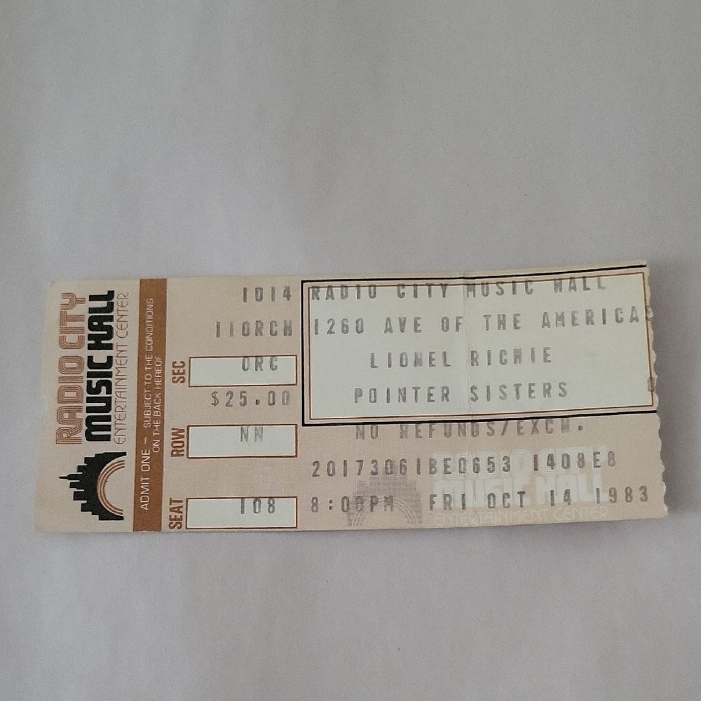 Lionel Richie/ Pointer Sisters/Vintage Radio City Music Hall Ticket